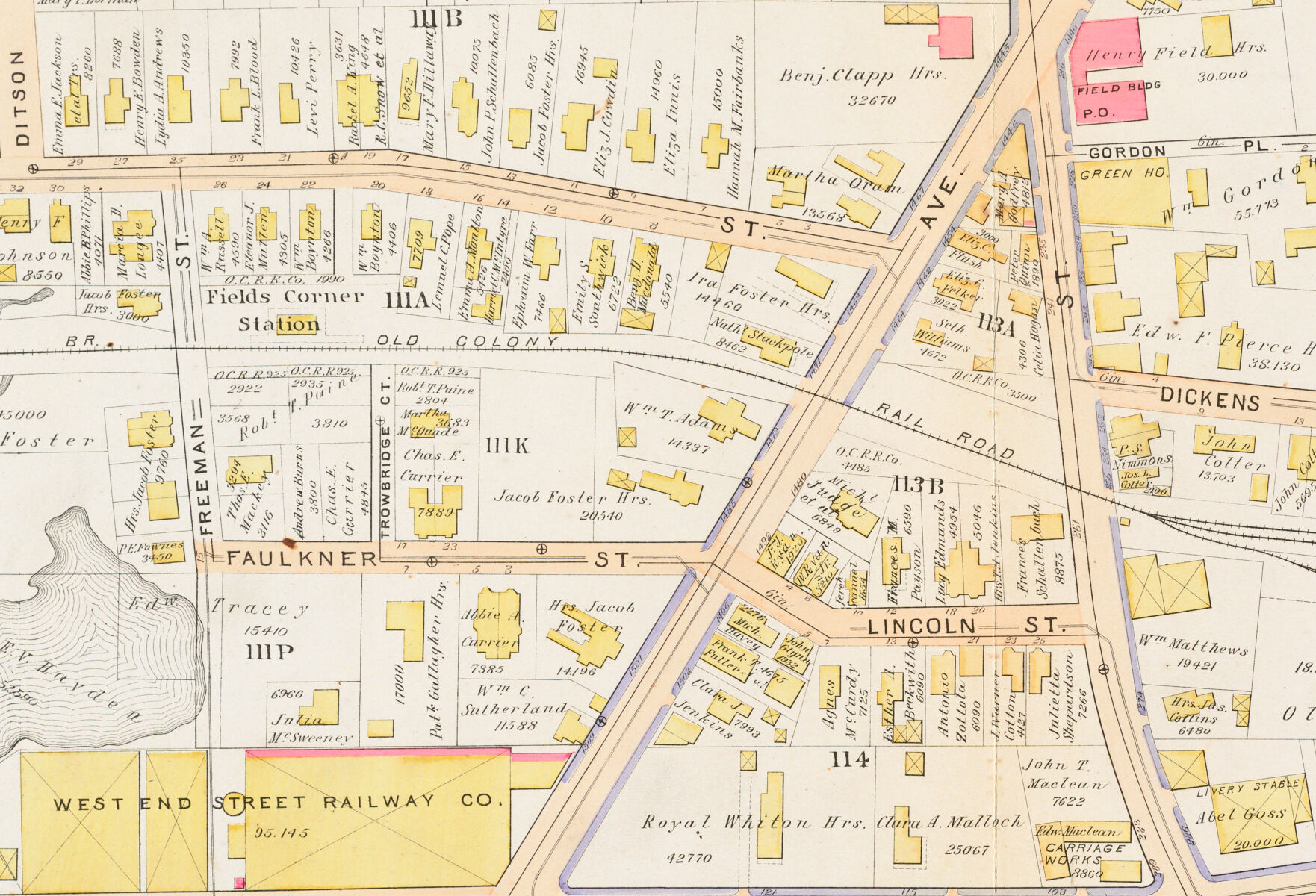 This snippet of a 1894 Bromley atlas plate shows property ownership around Fields Corner in Dorchester.