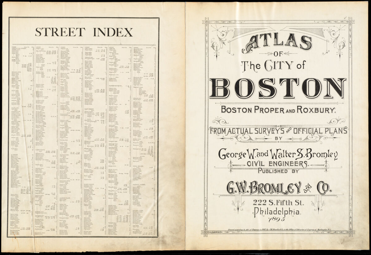 The cover page of this 1895 Atlas of the City of Boston includes an index for hundreds of streets.