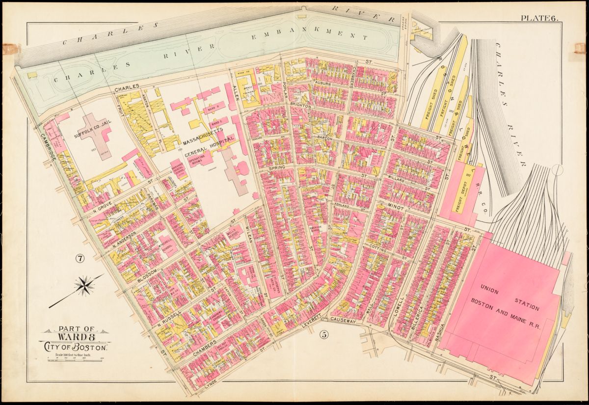 This atlas plate from 1895 uses the color pink to indicate brick buildings and the color yellow to indicate wood frame buildings.