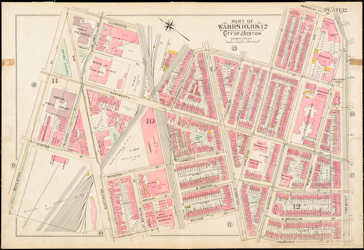 This atlas plate from an 1895 Bromley Atlas of the City of Boston shows the Boston Public Library and surrounding streets. What color patterns do you notice?