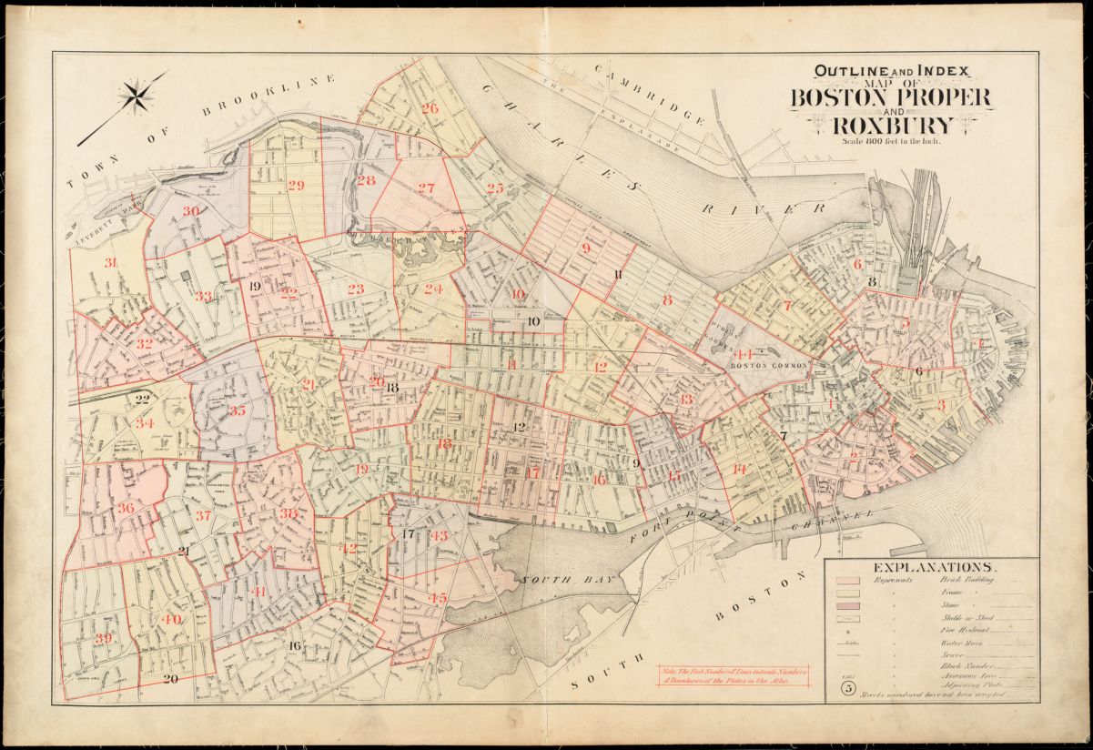 The outline and index page of the 1895 Bromley provides an immediately recognizable profile of Boston, which is nonetheless the outline of a city more than 100 years removed from the Boston of today.