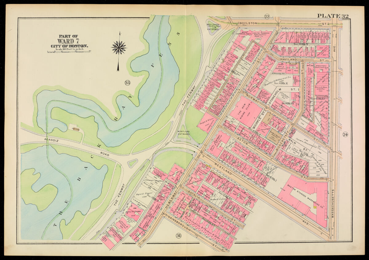 This plate from a 1917 Bromley depicts the effect of the Back Bay Fens redevelopment project, which drained and redirected the Muddy River to allow for the Back Bay as it is today.
