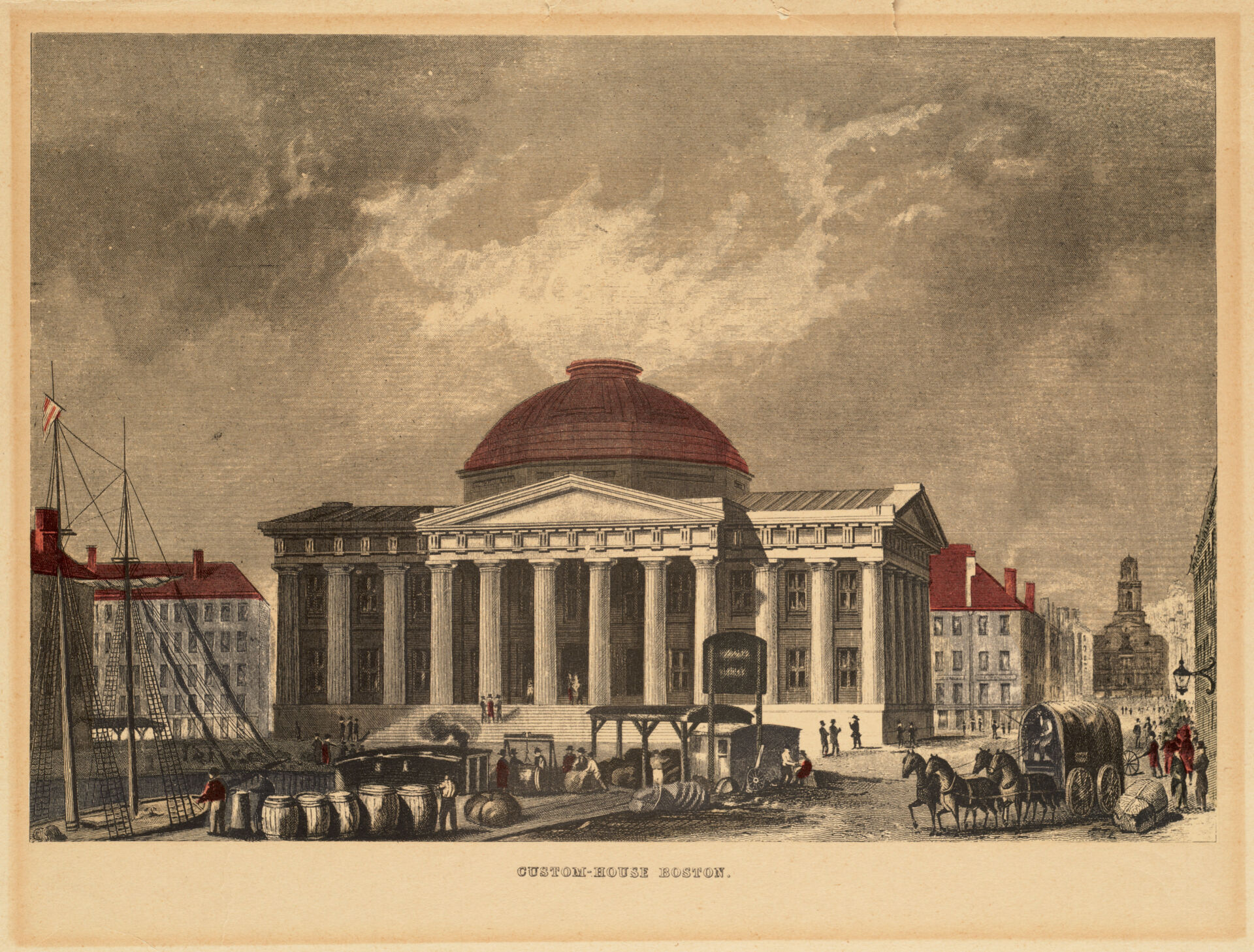 Print from between 1850 and 1855 showing the Boston Custom House in its original construction.