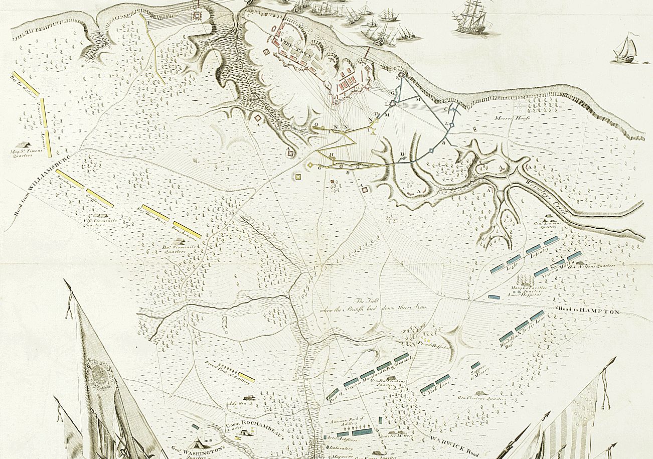 Detail from a map displaying troop encampments around the city of Yorktown. General Washington's tent location can be seen near the bottom.
