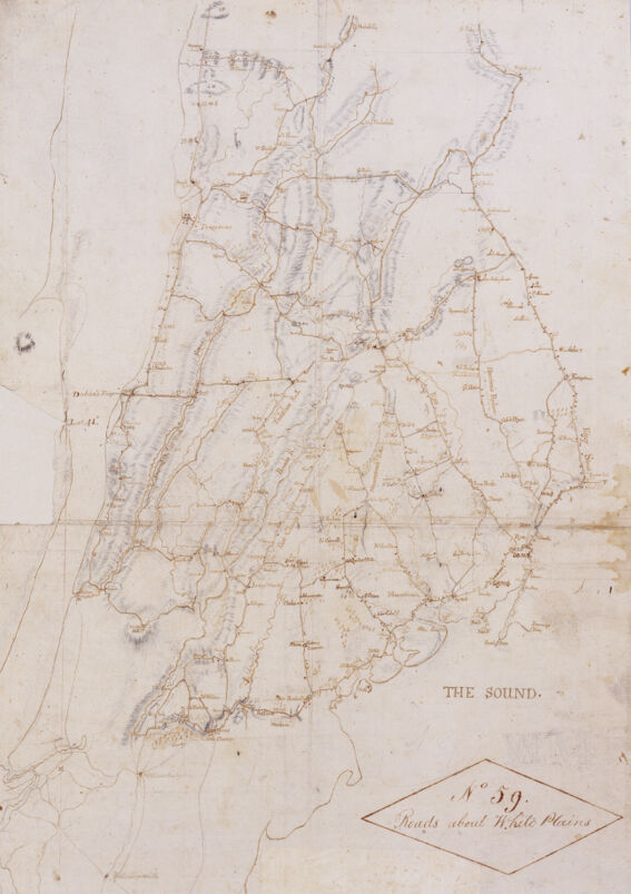 A hand-drawn sketch map showing a road system. Towns and some other buildings are shown. Some limited topographical detail has been added in pencil.