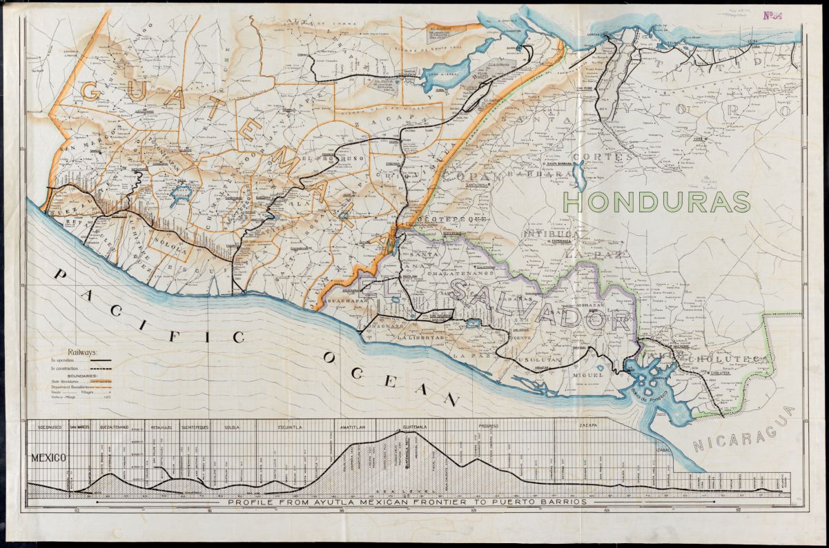 This 1917 map of Guatemala, Honduras, and El Salvador, is based on a drawing by &quot;Internation Railways of Central America&quot; and shows their extensive railroad holdings across this large swathe of Central America. The IRCA was a US-based company which fell under the control of the United Fruit Co. in 1936.