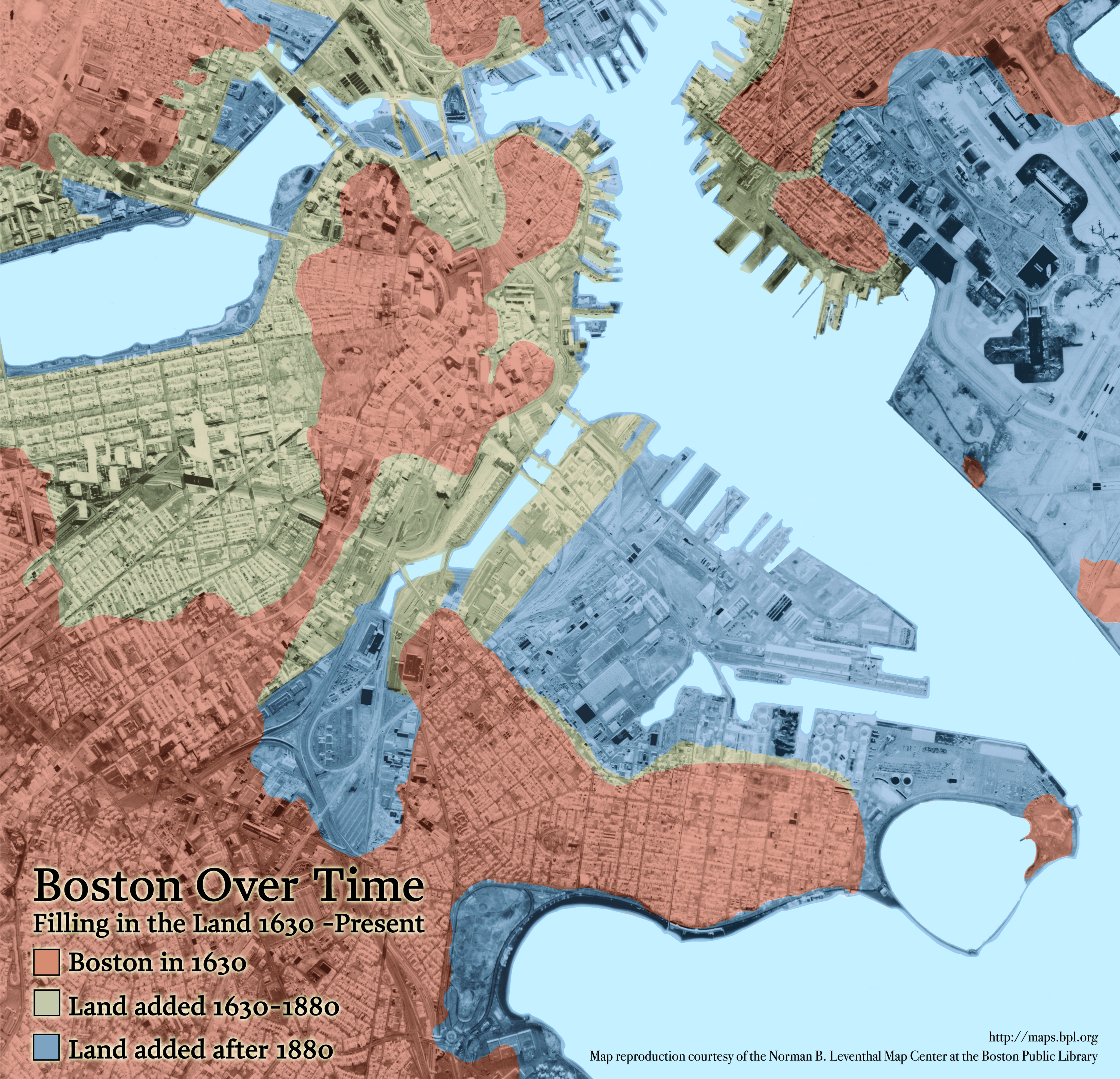 This modern map illustrates the various land making projects that have shaped Boston over the past three centuries.