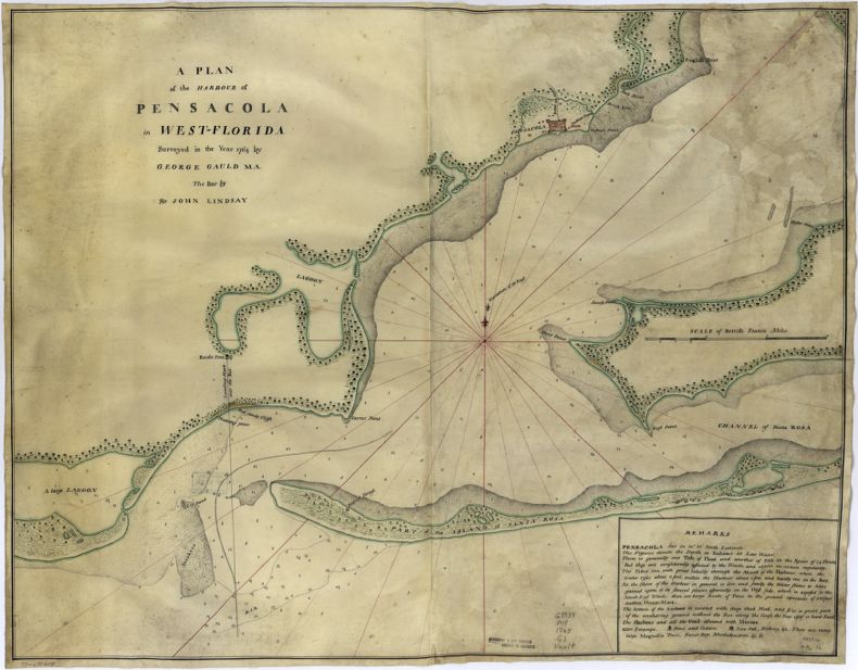 A manuscript map with green and red accents showing a large harbor. The depth of the water in fathoms is shown and the shoreline is represented with shading. Limited detail is given in the land, but green shading is used to represent vegetation and points of interest such as an 'Indian Town,' and brick kiln are shown outside a schematic representation of Pensacola.