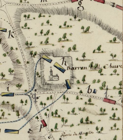 Detail from a manuscript battle map. Troops are reprsented by colored rectangles and their movement by dtted lines. In this image, American troops are shown moving around the Barren Hill church, which is shown on top of a hill surrounded by trees.