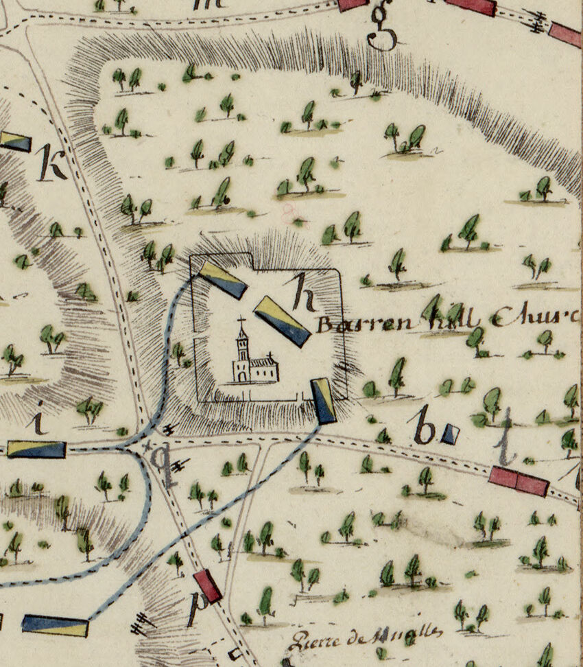 Detail from Michel Capitaine du Chesnoy's 1778 map "Plan de la retraite de Barren Hill en Pensilvanie"