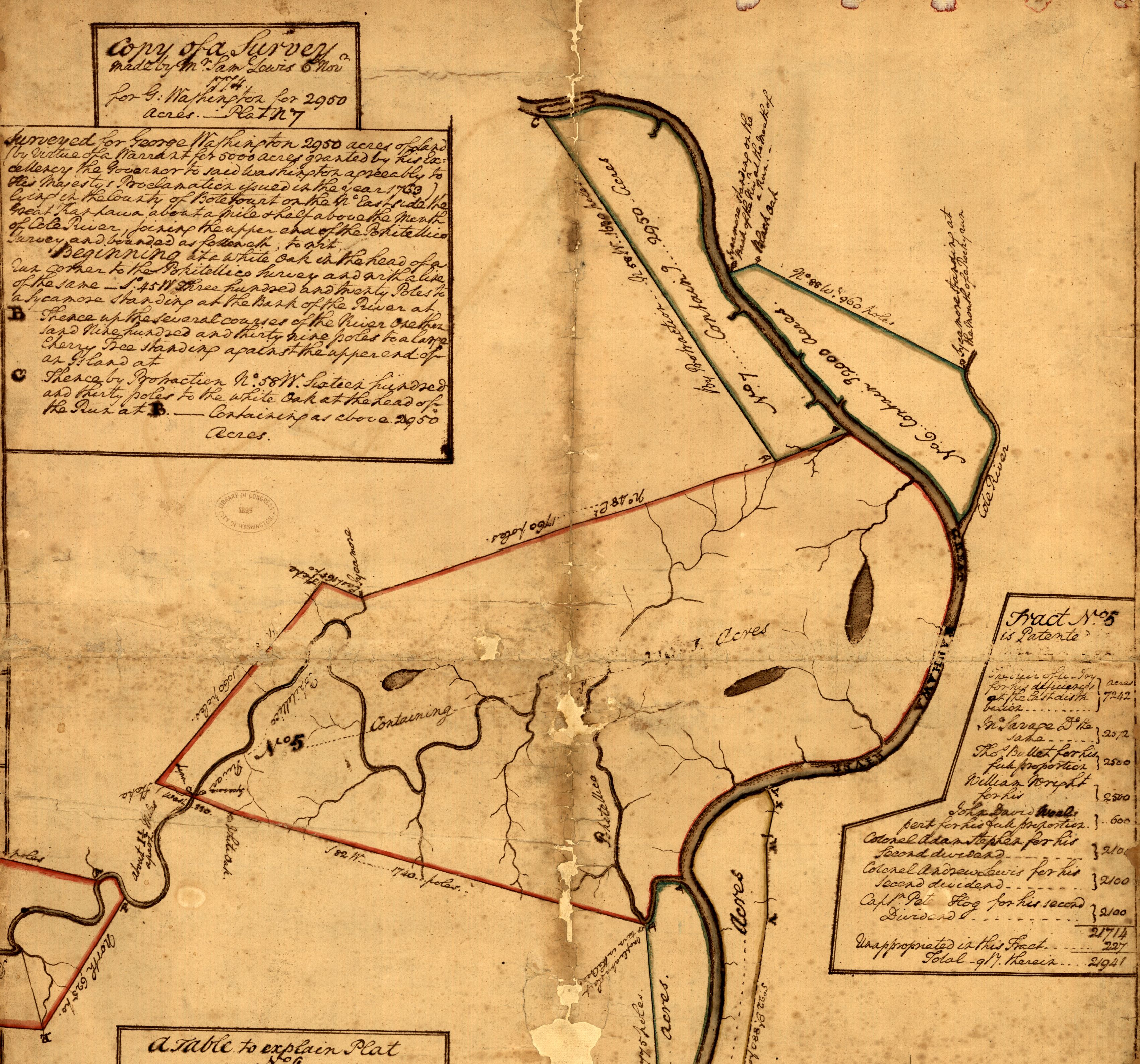 A map showing a land survey along the Kanawha River in West Virginia. The river snakes through the middle of the map, with various divisions of land on either side labeled and measured in acreage.