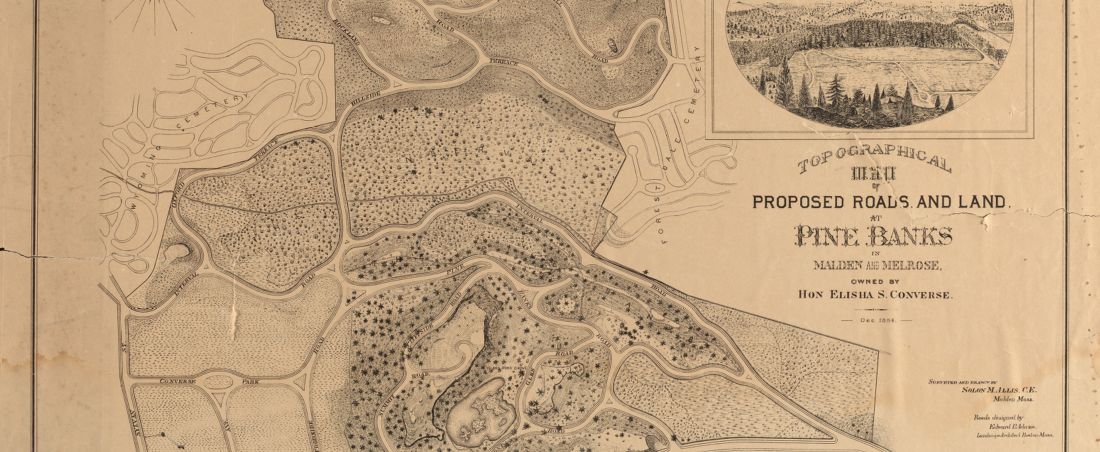 Topographical map of proposed roads and land at Pine Banks in Malden and Melrose, owned by Hon Elisha S. Converse