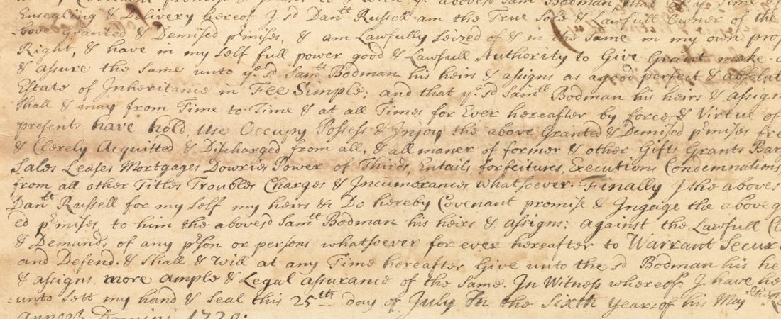Deed, Daniel Russell, w/consent of mother Mary, to Samuel Bobman, Hatfield, 25 July 1720