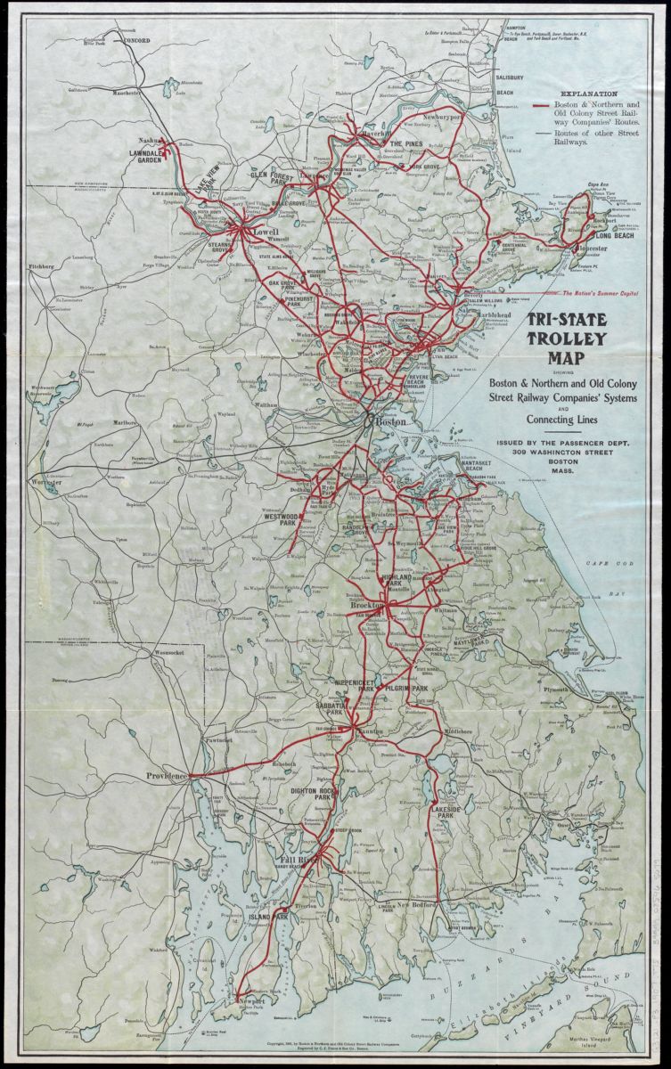 A 1907 trolley map showing routes in the Greater Boston region.