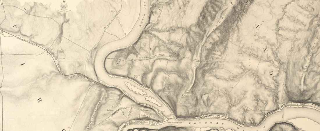 Military map showing the topographical features of the country adjacent to Harper's Ferry, Va.; including Maryland, Loudoun, and Bolivar Heights, and portions of South and Short Mountains, with the positions of the defensive works, also the junction of the Potomac & Shenandoah Rivers, and their passage through the Blue Ridge