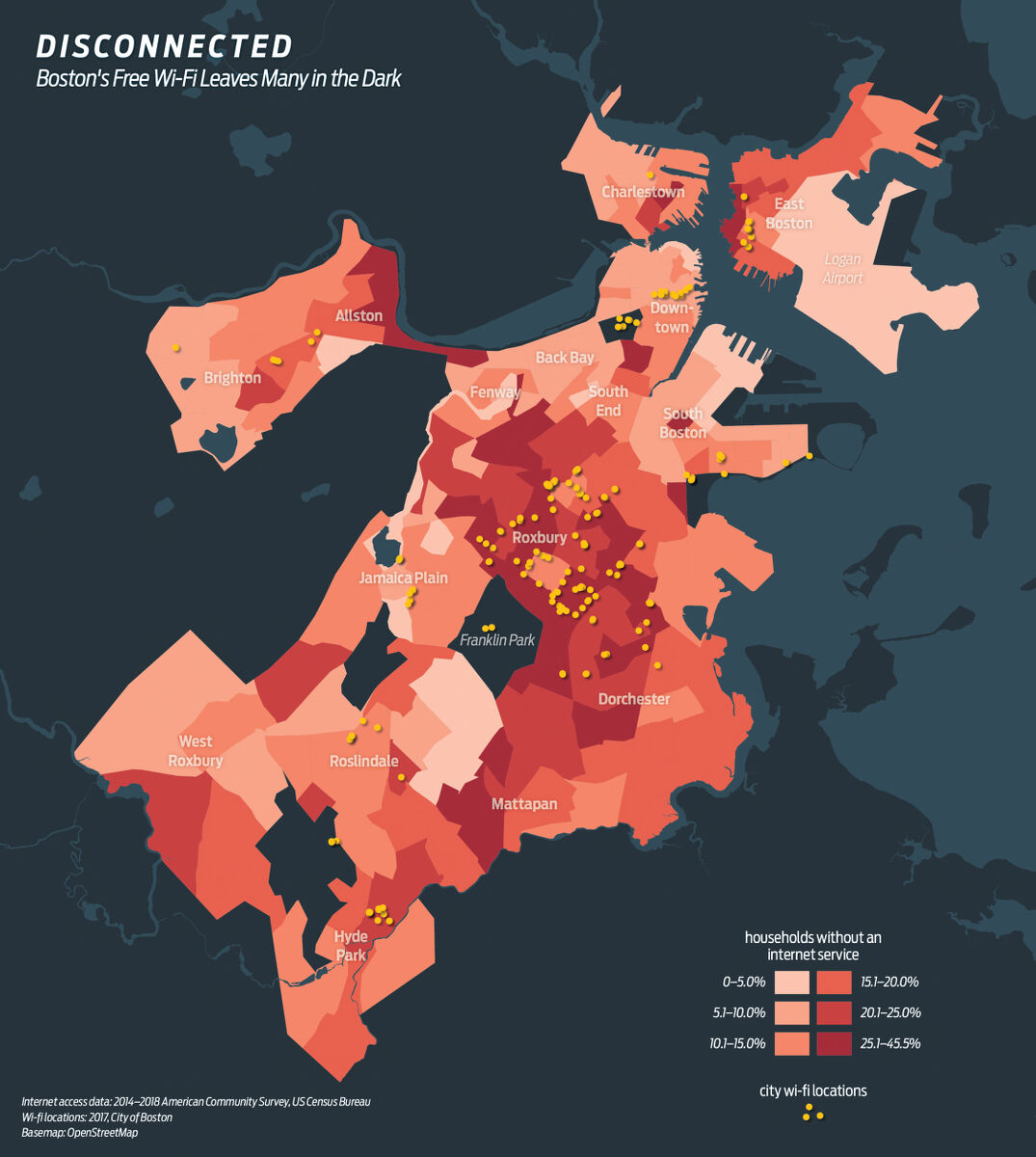 The Leventhal Center&rsquo;s Maptivist initiative uses Boston-focused data maps like these to challenge students to think critically about how data can be interpreted. These two maps show contrasting views of Wifi access and absence in Boston.