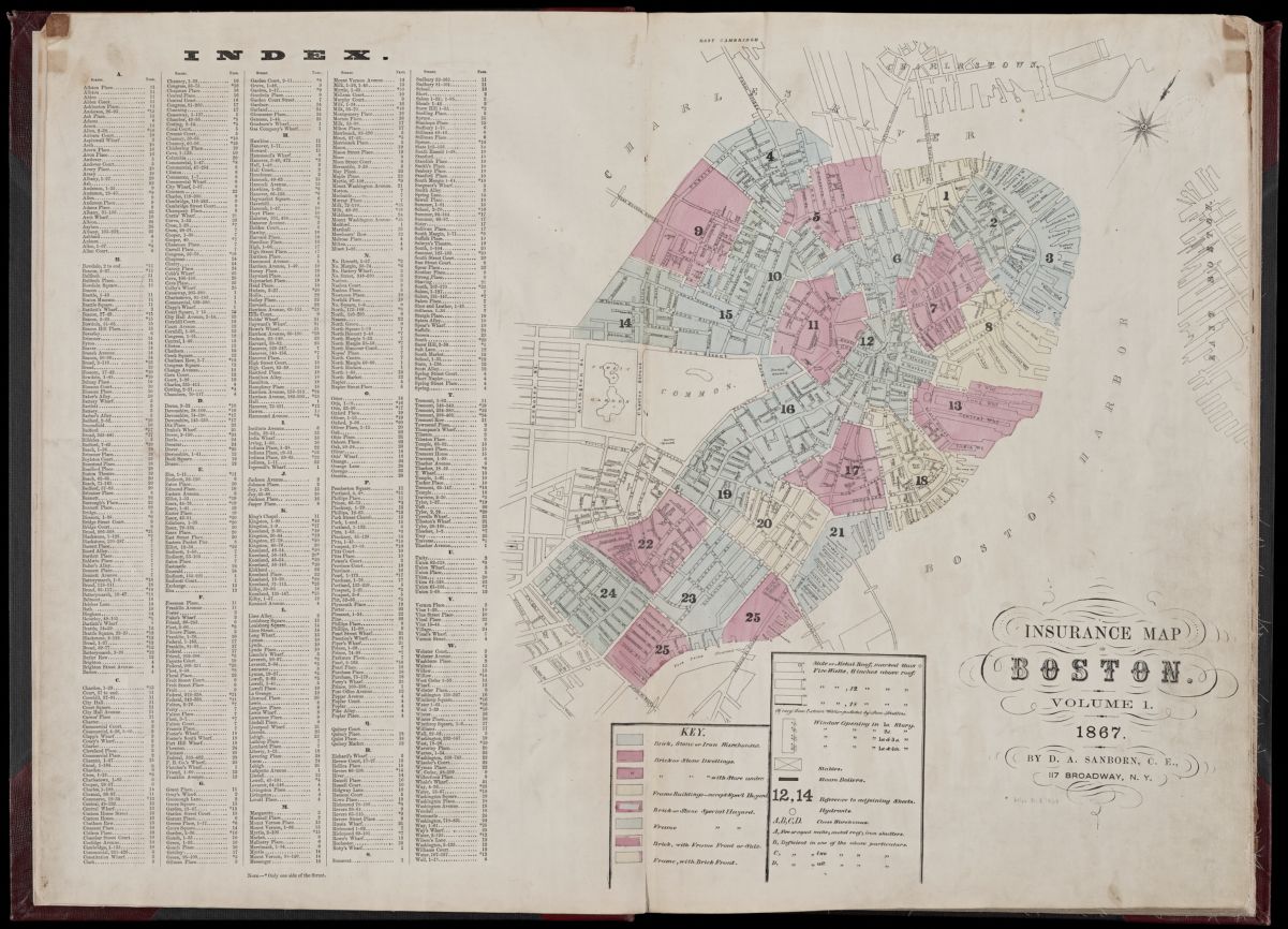 The title and index page of an 1867 Sanborn Insurance Map of Boston