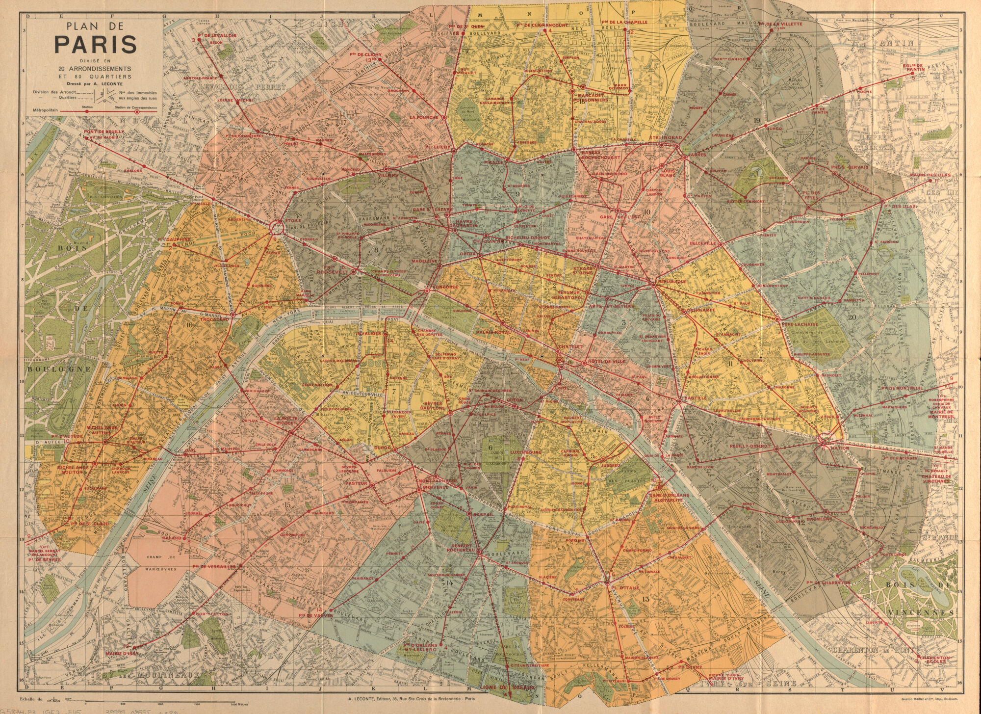 A mid-twentieth century map of Paris and the subway system.