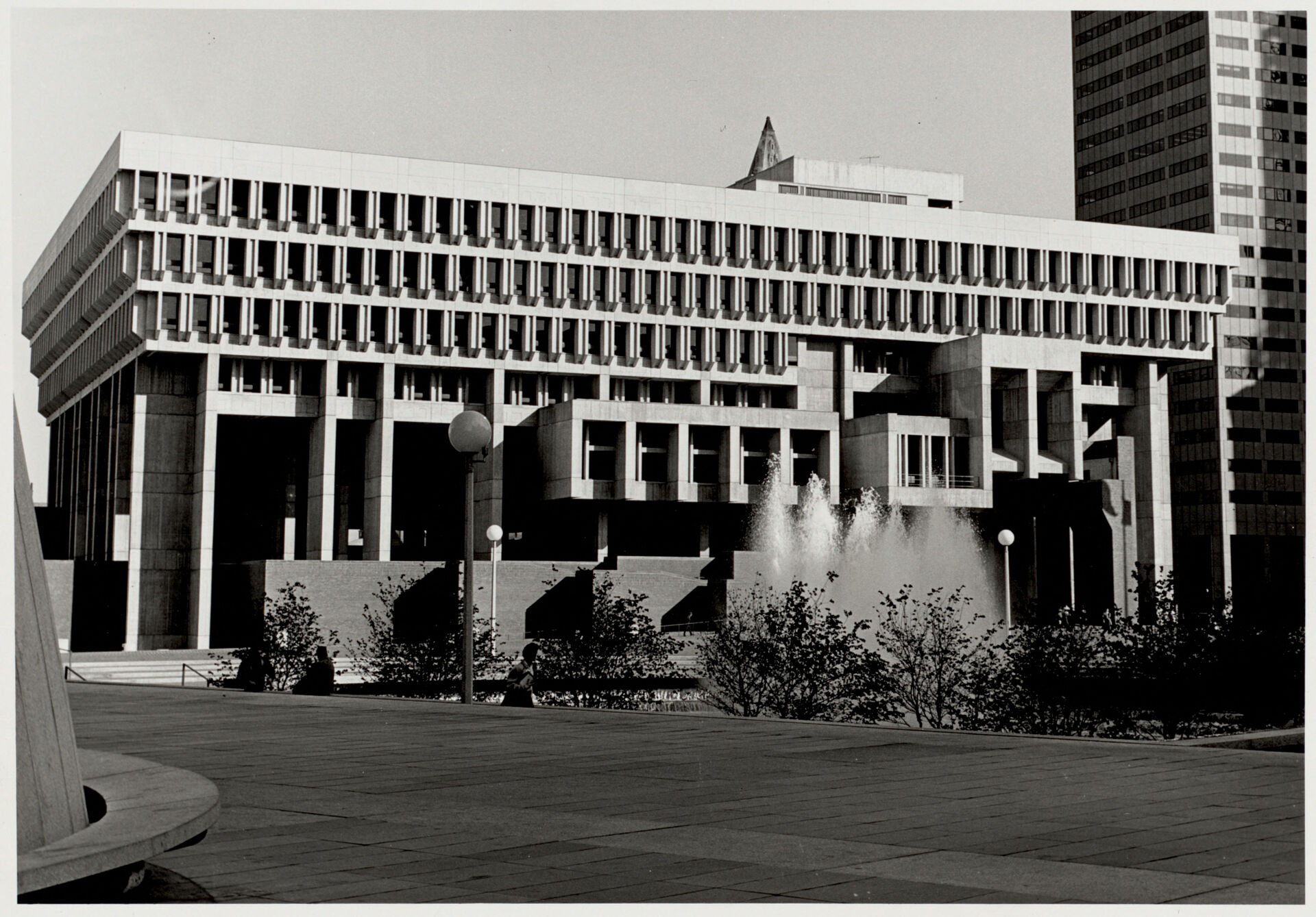 Photo of Boston City Hall with plaza fountain in front