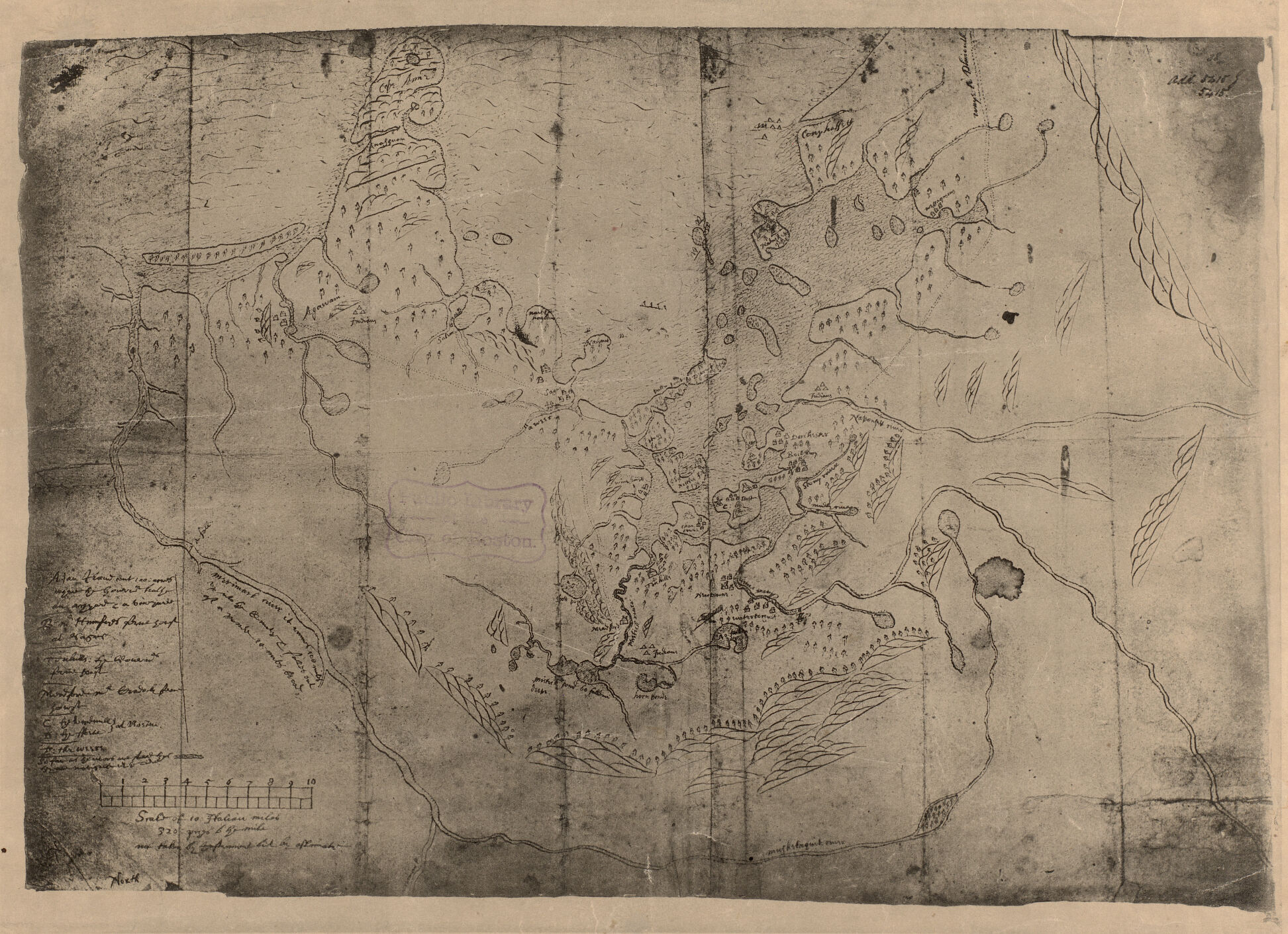 A facsimile copy from LMEC collections of John Winthrop&rsquo;s map of the Massachusetts bay.