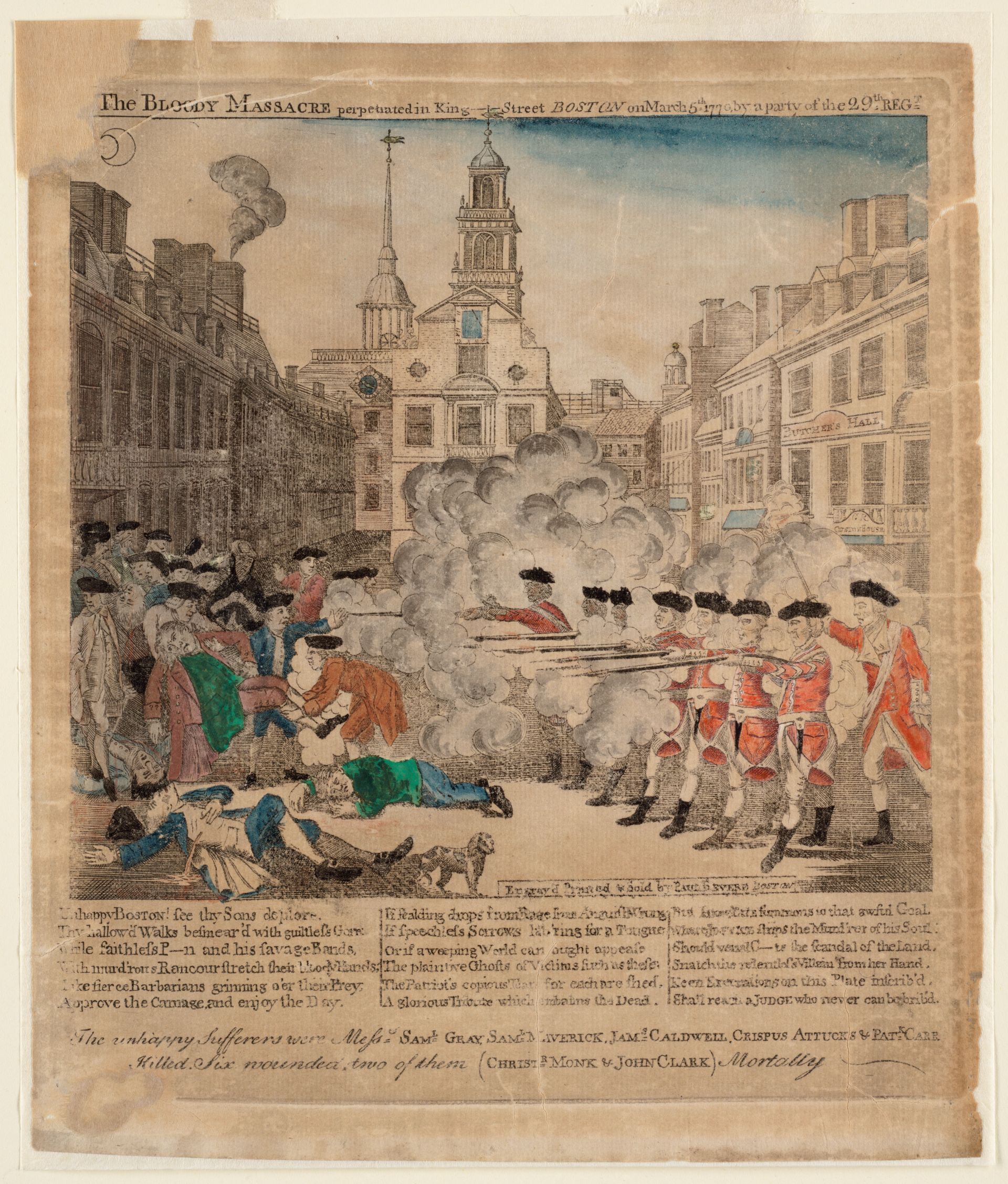 Colored print of British soldiers firing on crowd with text.