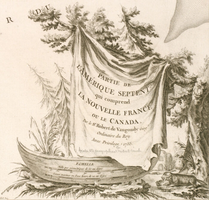 A decorative cartouche from a map. A small ruined boat sits on a mound of vegetation; the scale bar is on its hull, and the name of the map and details are displayed on the sail. In the background are a number of trees. To the right, a small furry animal, probably meant to represent a beaver, grimaces at the scene.