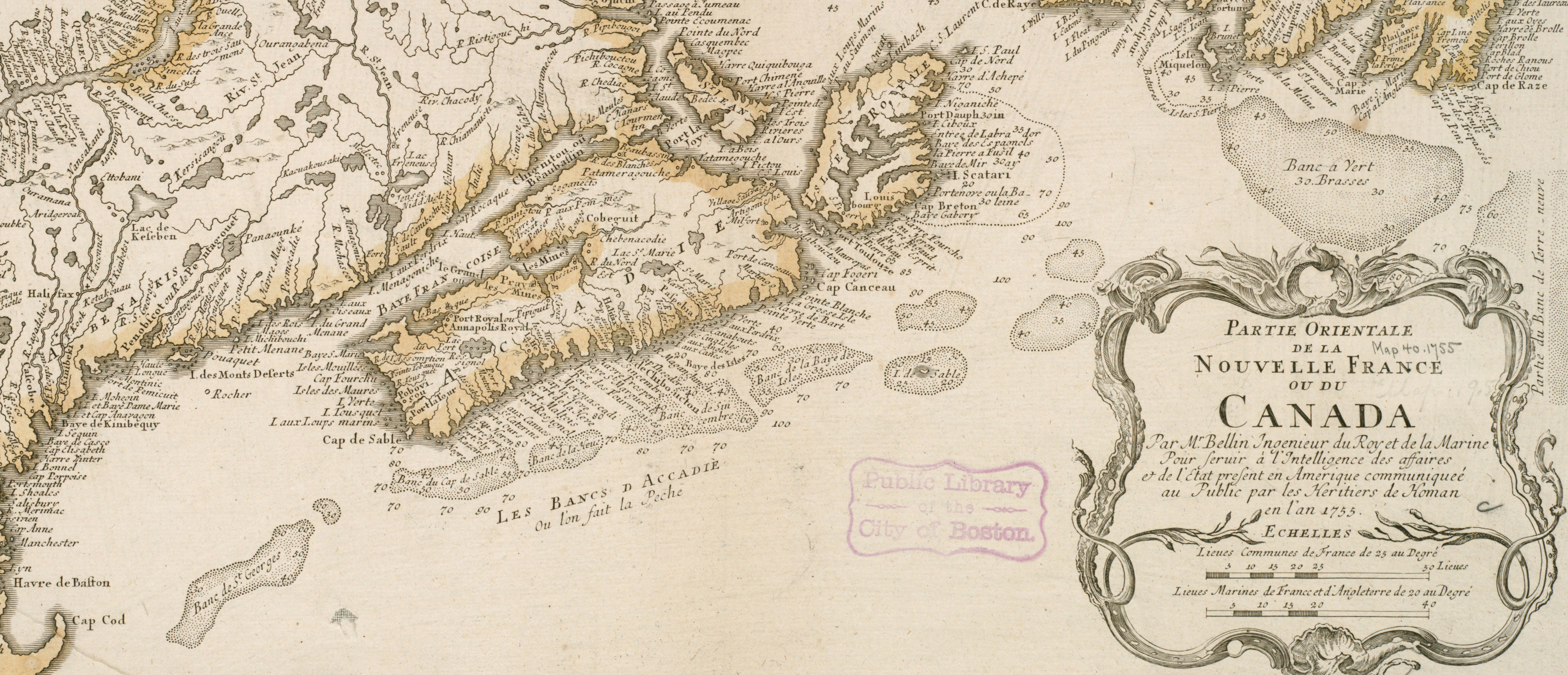 Detail of a map showing what is now Nova Scotia, New Brunswick, and part of Quebec, as well as a decorative cartouche reading Partie Orientale de le Nouvelle France ou du Canada