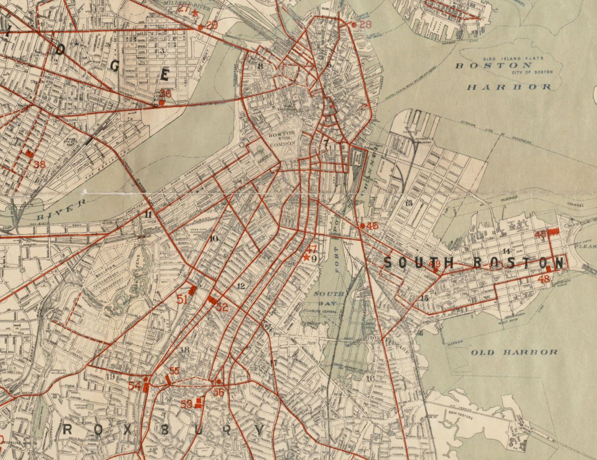Detail of the Map of Boston and vicinity showing tracks operated by the Boston Elevated Railway Co., surface lines 1898