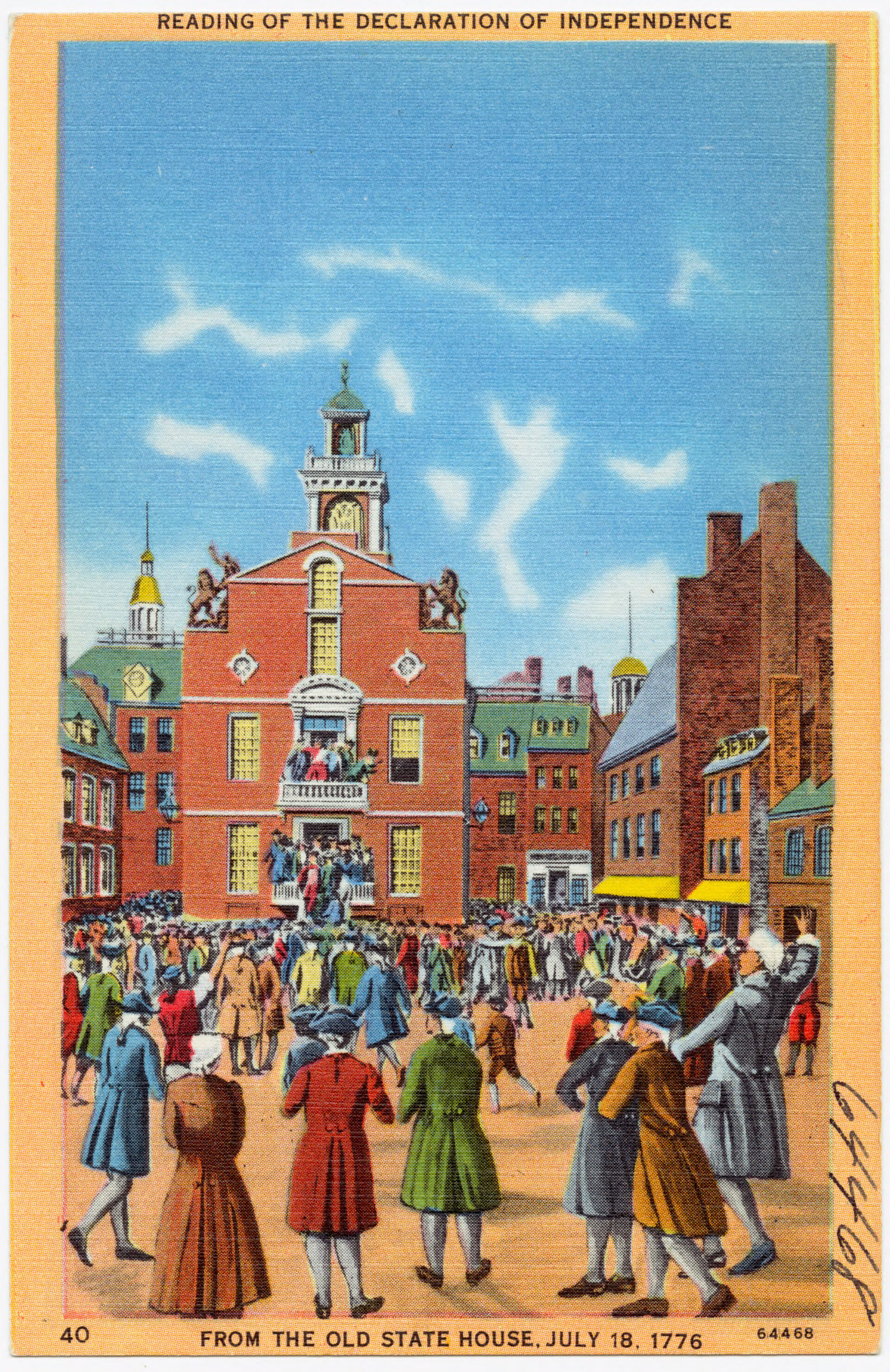 A postcard from the mid-1900s depicts the historic reading of the declaration of independence from the old state house on July 18th 1776