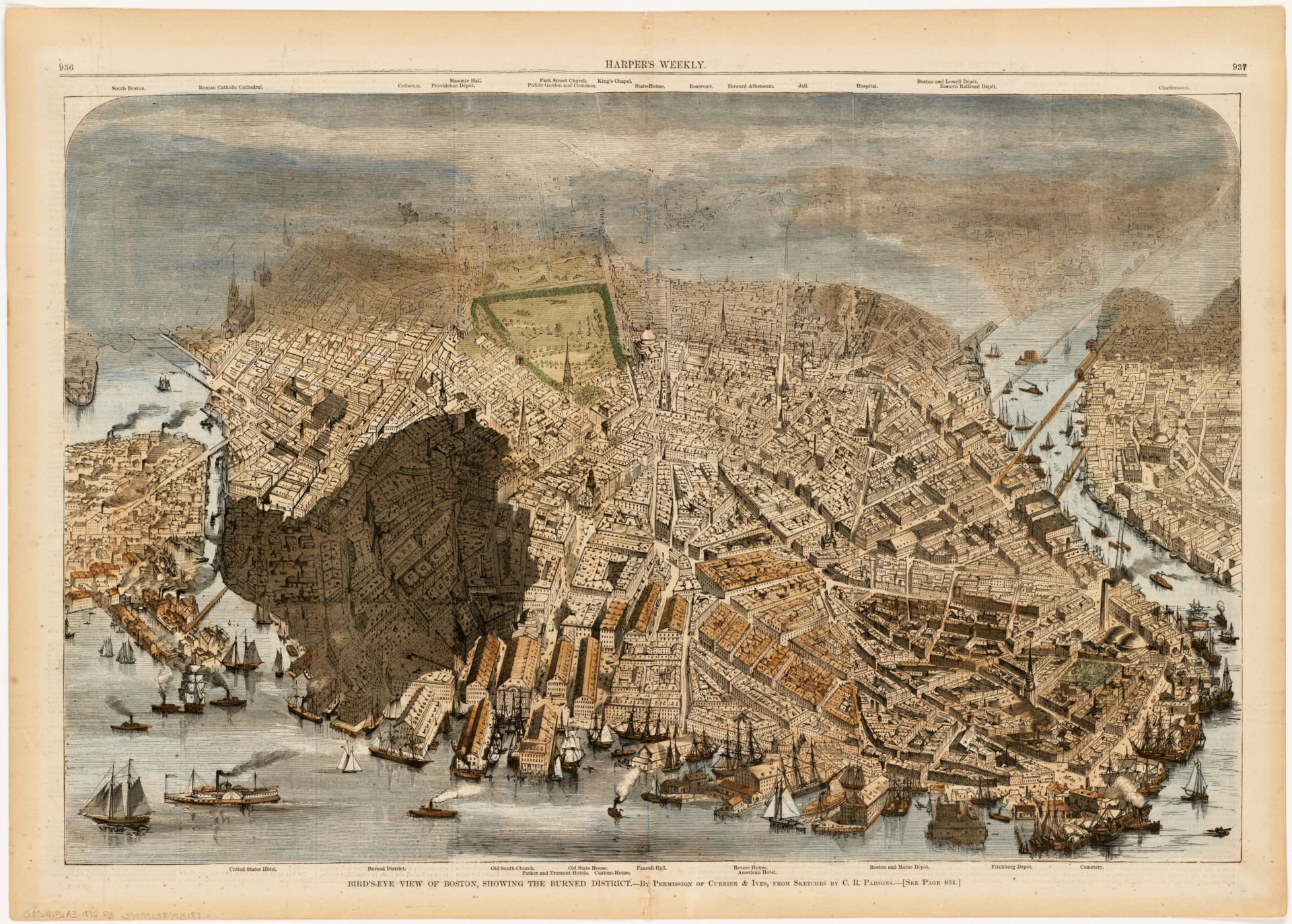 Bird's eye view of Boston with an area south of the Financial District shaded grey to represent the Great Fire's destruction.