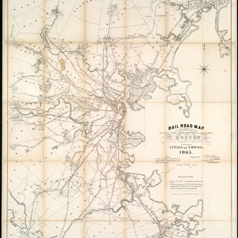 Image of Rail Road Map: Showing the Street Rail Road Routes in and Leading From Boston, With the Terminus of Each Road in Suburban Cities or Towns