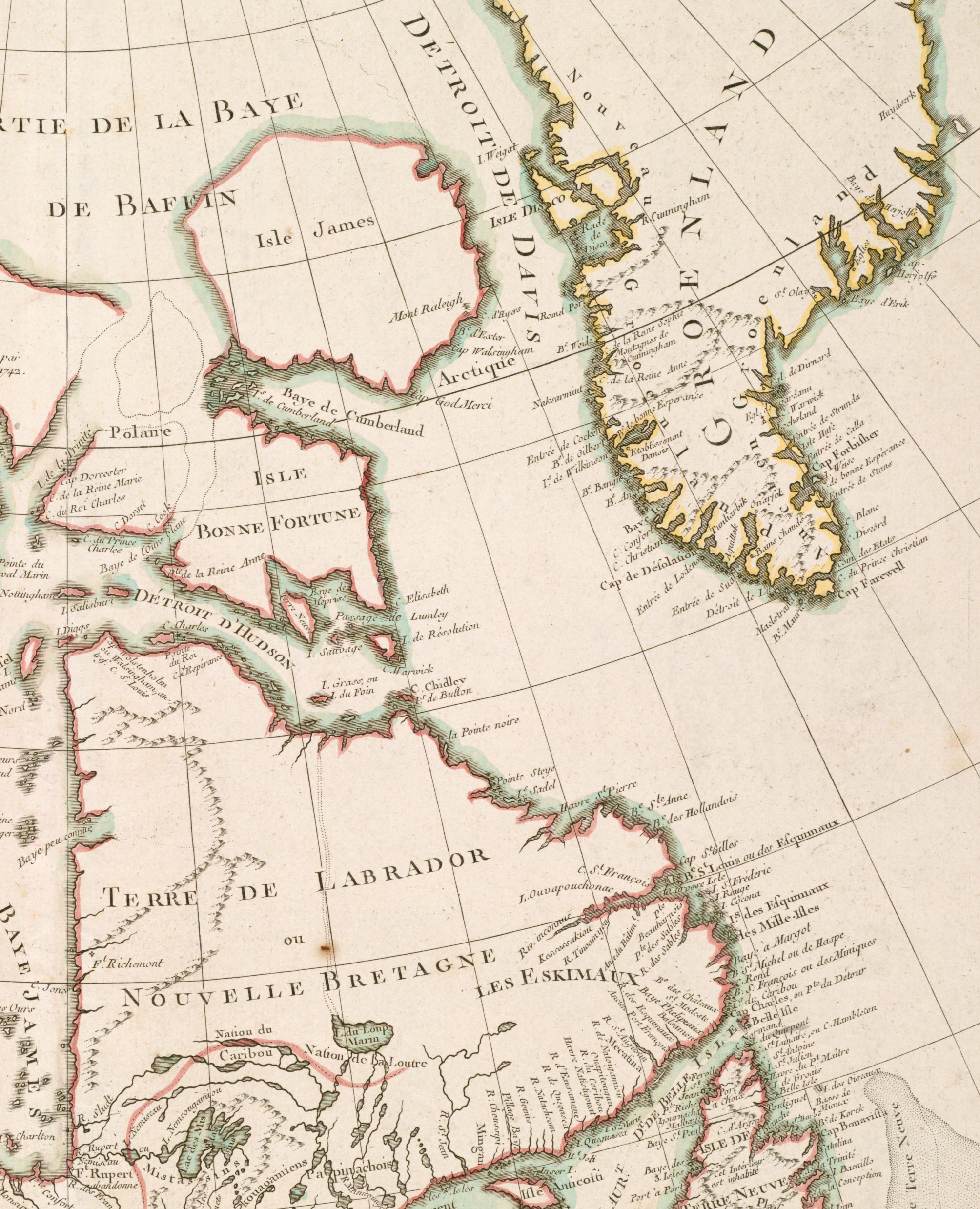 Section of Bonne's map entitled "Partie de l'Amérique Septentrionale, Qui Comprend le Canada, la Louisiane, le Labrador, le Groenland, la Nouvelle Angleterre, la Floride" displaying northeast Canada and Greenland