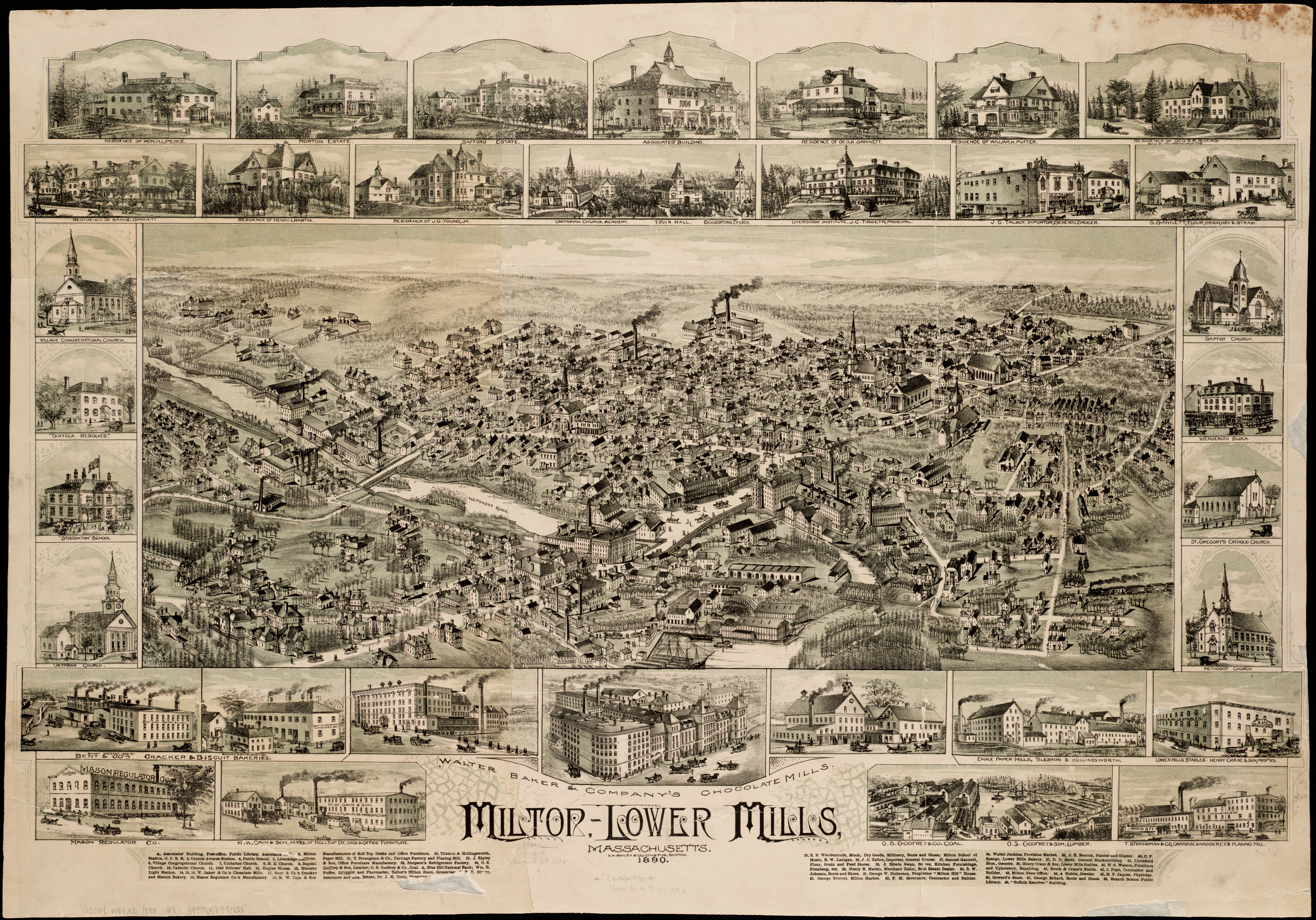 This 1890 pictorial map of Lower Mills documents a handful of early local industries.