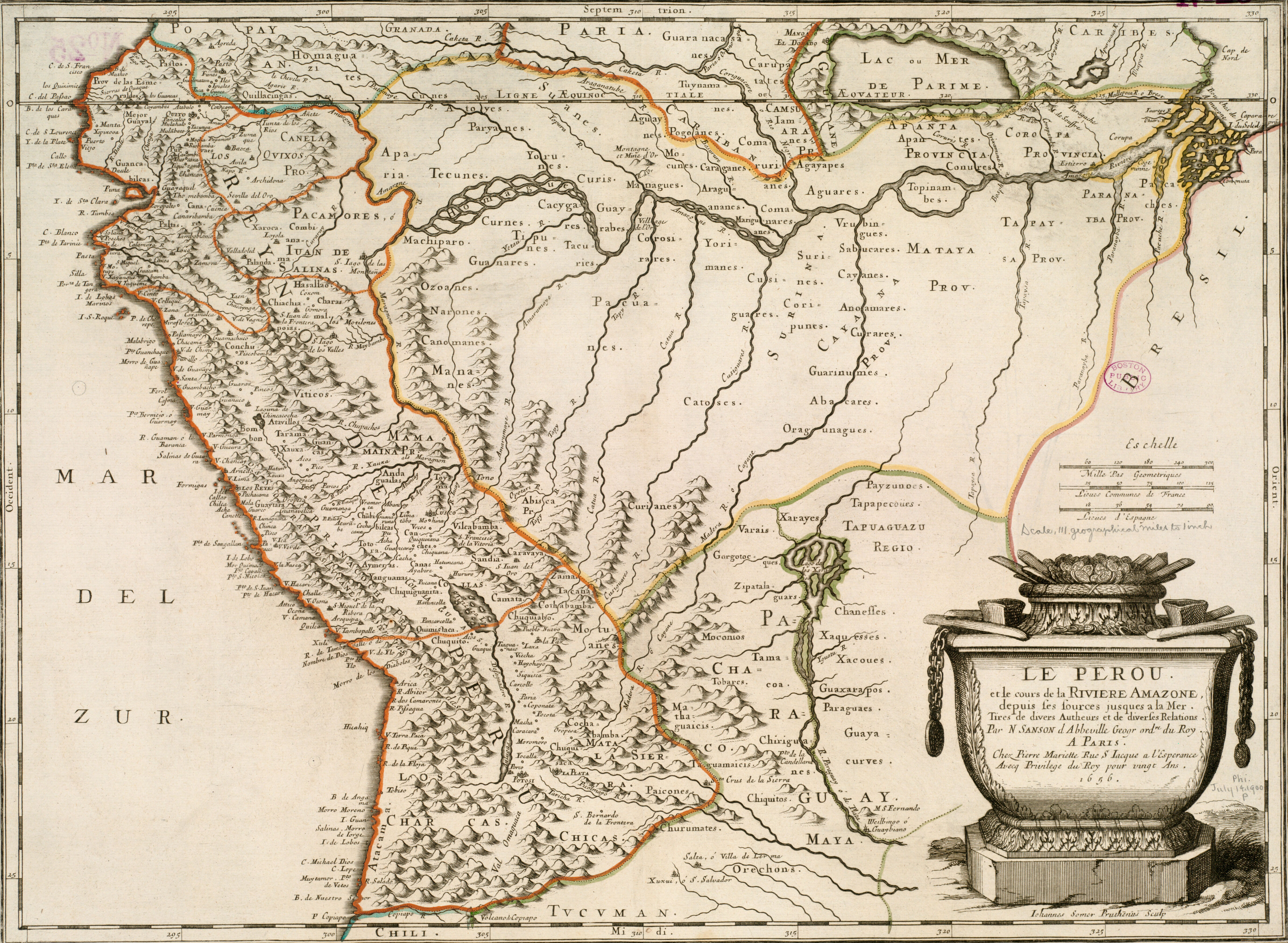 This 1656 map of Peru charts the course of the Amazon.