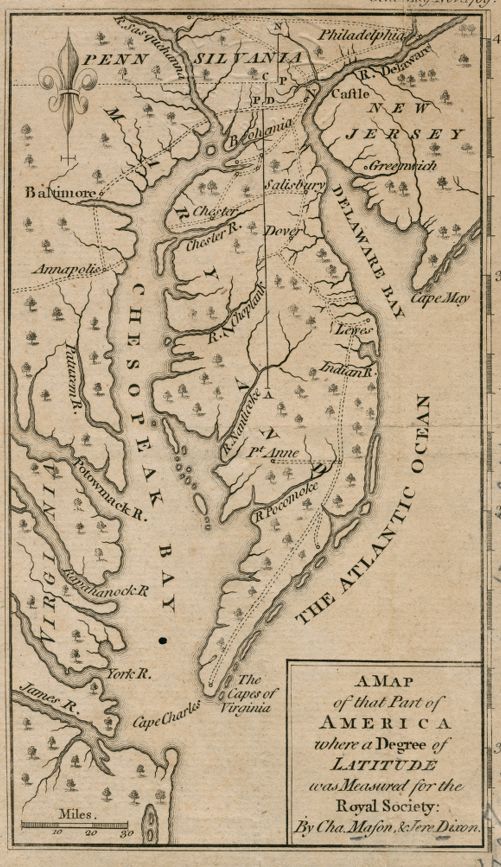 A map made by Charles Mason of the Chesapeake Bay area, showing the area where Maryland, Delaware, New Jersey, and Pennsylvania all come together.