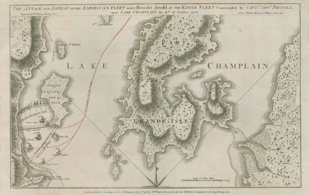 A black, white, and red map showing part of Lake Champlain and the movement of ships