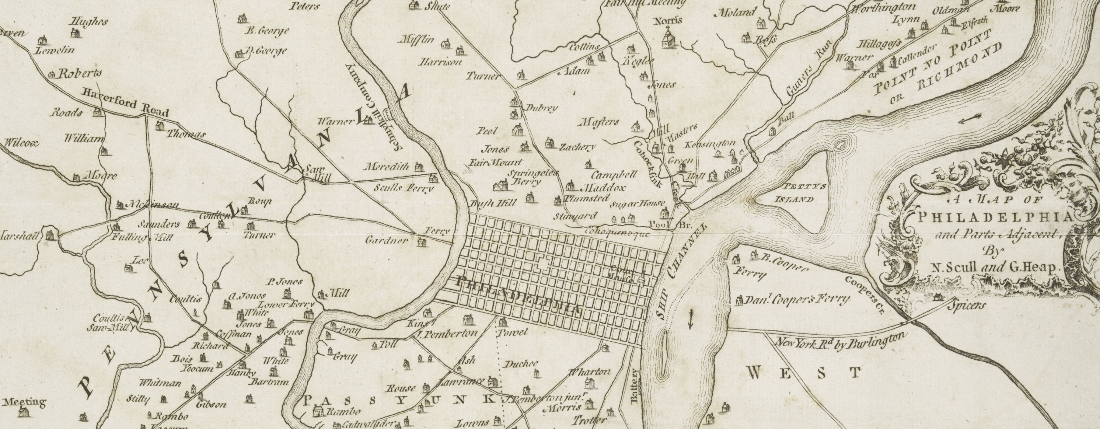 Detail of a black and white map of the city of Philadelphia and its closest suburbs. The city appears as a tight rectangular grid while the suburbs consist of scattered houses labeled with the names of their owners.