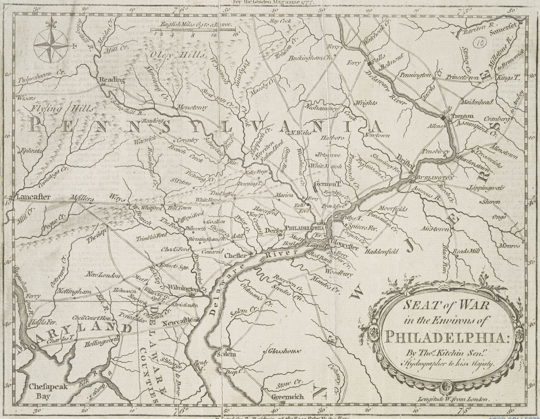 A black and withe map titled <em>Seat of War in the Environs of Phildelphia</em>, showing southeast Pennsylvania alongisde parts of Maryland, Delaware, and New Jersey