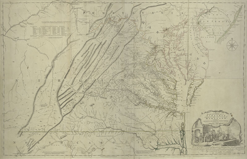 A printed, black-and-white map showing the colony of Virginia. Some topographical detail is shown, most notably the mountains in the west of the colony, as are rivers and land owners.