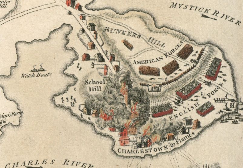 Hand colored engraved map imagage showing the Battle of Bunker Hill, with lines of soldiers firing on one another and several houses on fire