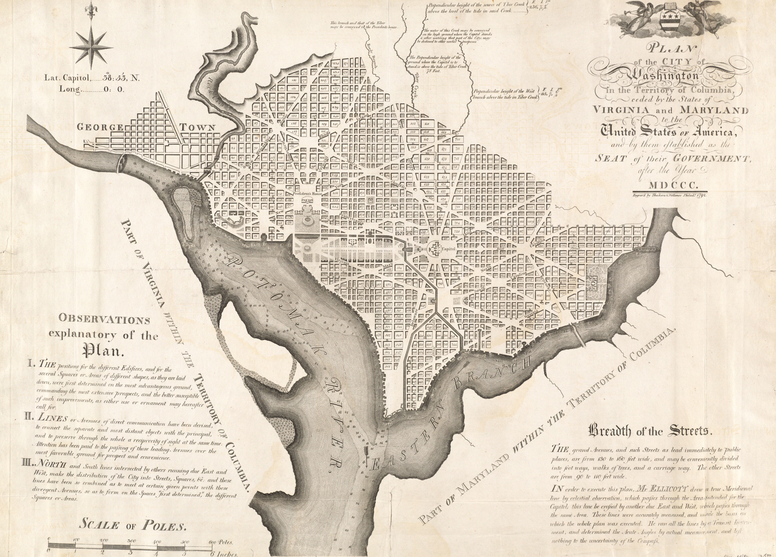 a black and white engraved image of a city plan--Washington, DC--on the east bank of a river