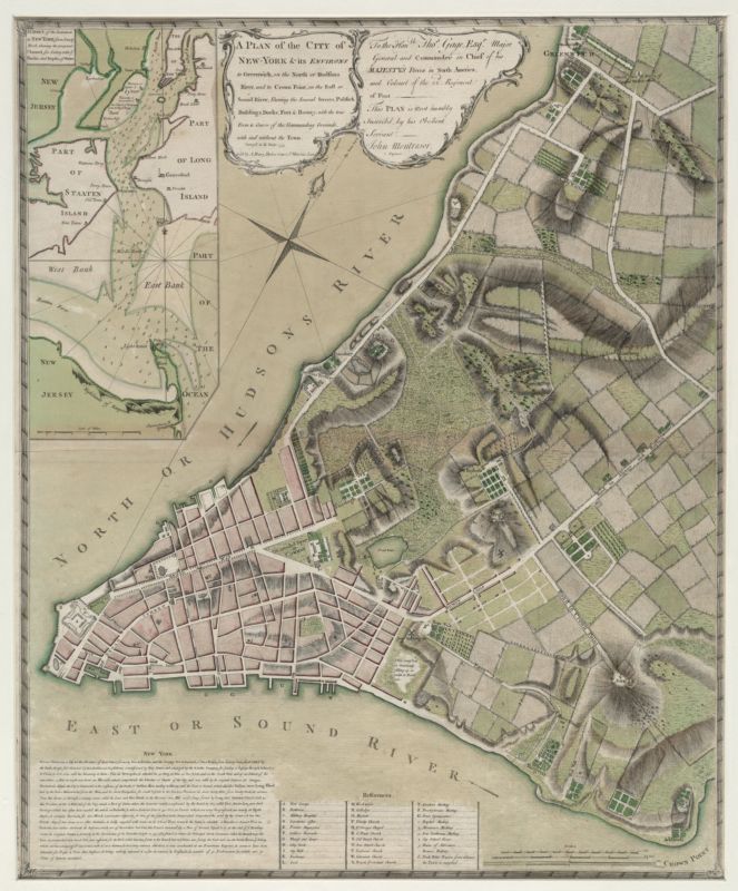 Vividly hand-colored map of New York City from the 18th century. The city occupies only the tip of Manhattan island, with field and hills just beyond, which the map shows in detail.