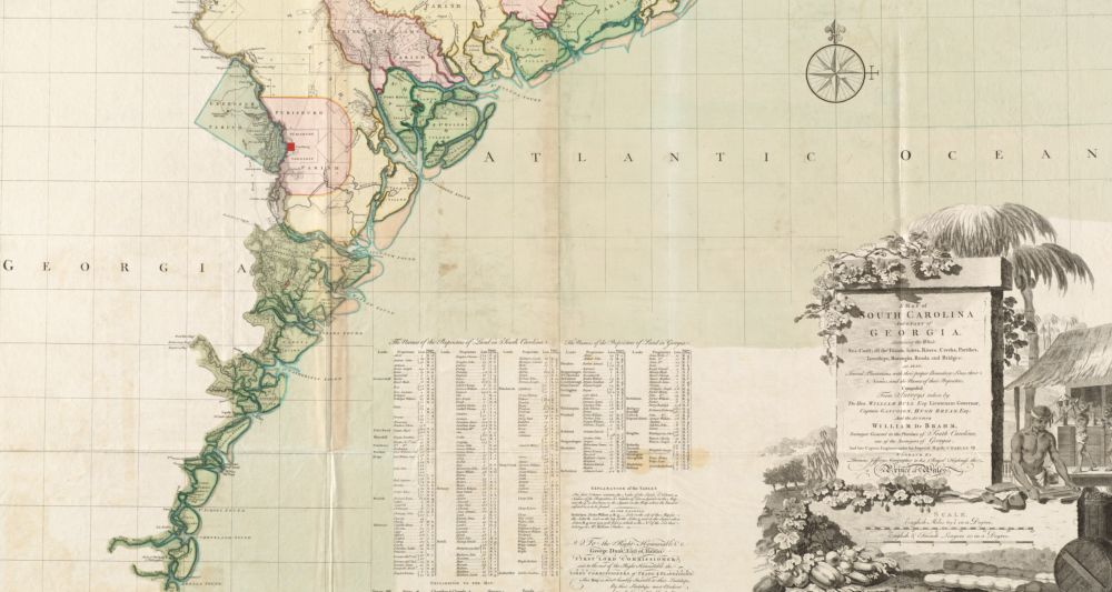 Brightly hand-colored, printed map showing the Georgia coastline and the Atlantic ocean. Only the area of the map showing private land holdings has been colored and the map shows townships and the names of plantation owners in a large key at the bottom of the image. A decorative cartouche shows an idealized image of enslaved people laboring as well as vegetation and a coastal scene.