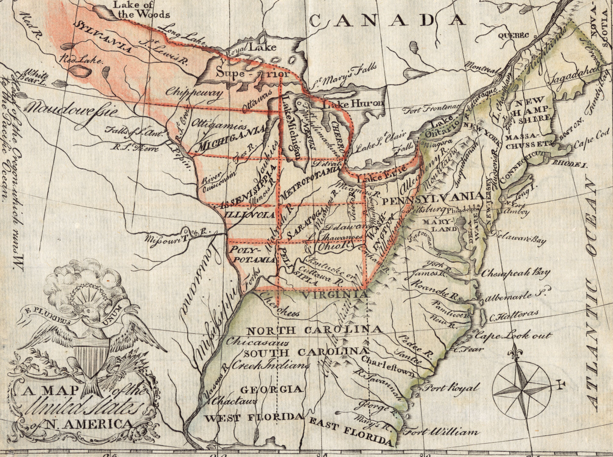 Henry Pursell's 1784 map showing Jefferson's plan for adding new states. The current US territories are shown in green, with the newly proposed additions shown in orange.