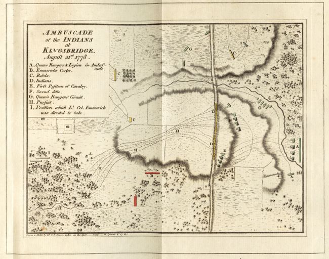 A hand-colored, printed battle map depicting an ambush. Troop positions are shown by square and rectangular blocks and their movements are shown by dotted lines. The map demonstrates how the Queen's Rangers ambushed and pursued Stockbridge Mohican troops after luring them into the open.