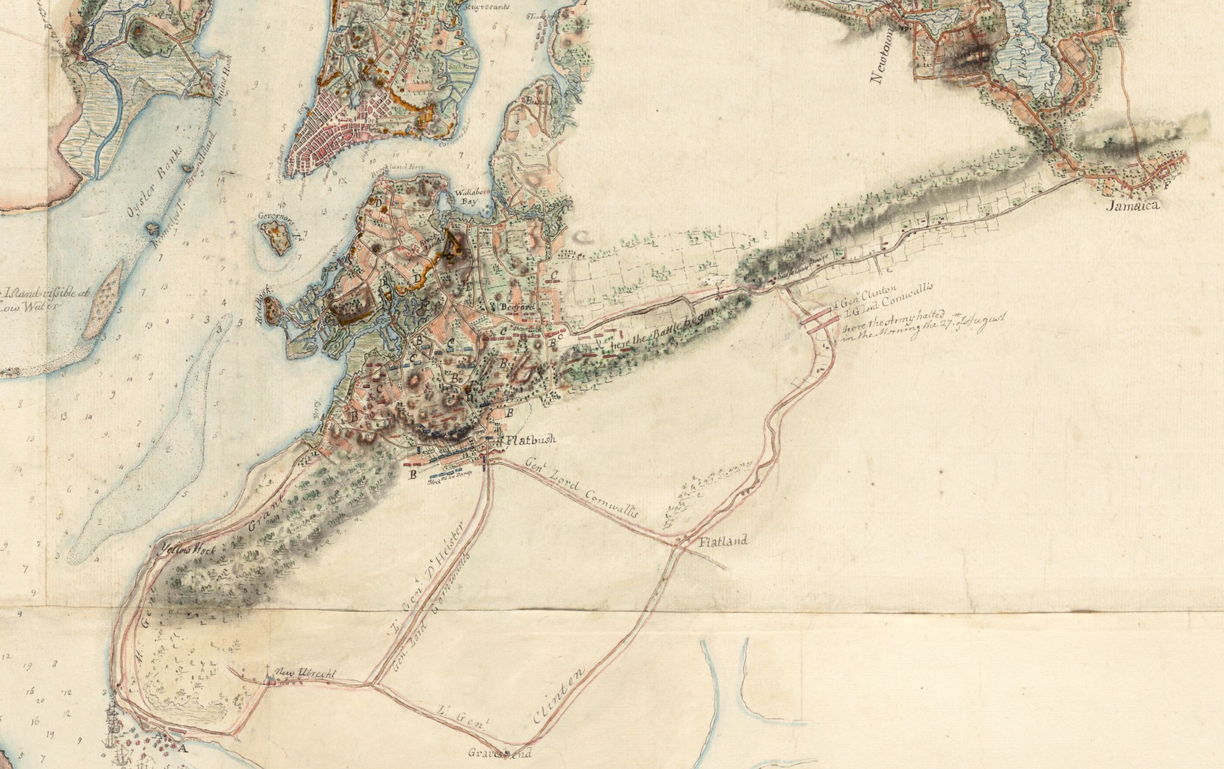 A section of a map of the area surrounding New York City, showing the city itself as well as a portion of Long Island south of it. On Long Island, troop movements and positions are labeled and displayed.