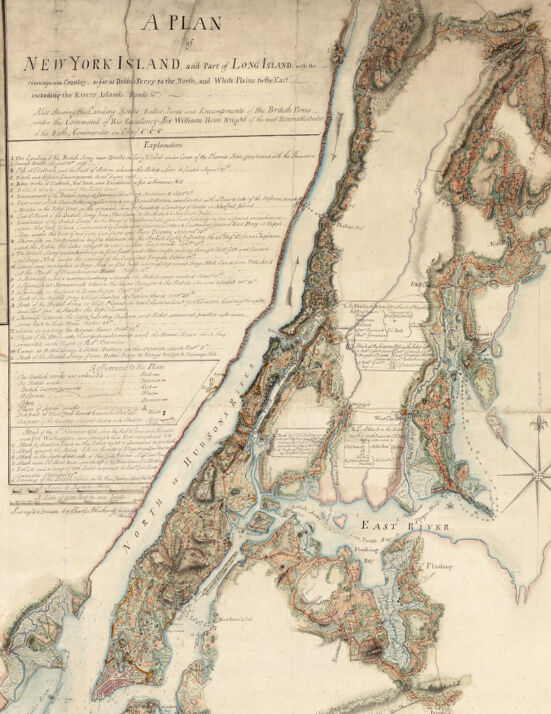 Manuscript map showing part of Manhattan Island during the American Revolution. Only some areas have been colored and filled in with detail; others are left blank except for lines to show the shoreline. Almost the entire left half of the image is taken up by a box of text which contains explainations of the map, including the location of battles and troop locations. The colored sections are vivid and extremely detailed.
